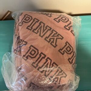 PINK Logo Oversized Blanket - Dusty Rose with Black Logo with plush dog